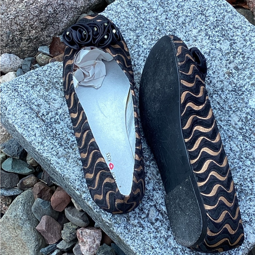 🇫🇷 French Kiss Black & Copper Bow BALLERINA FLATS Sz 9.5/10